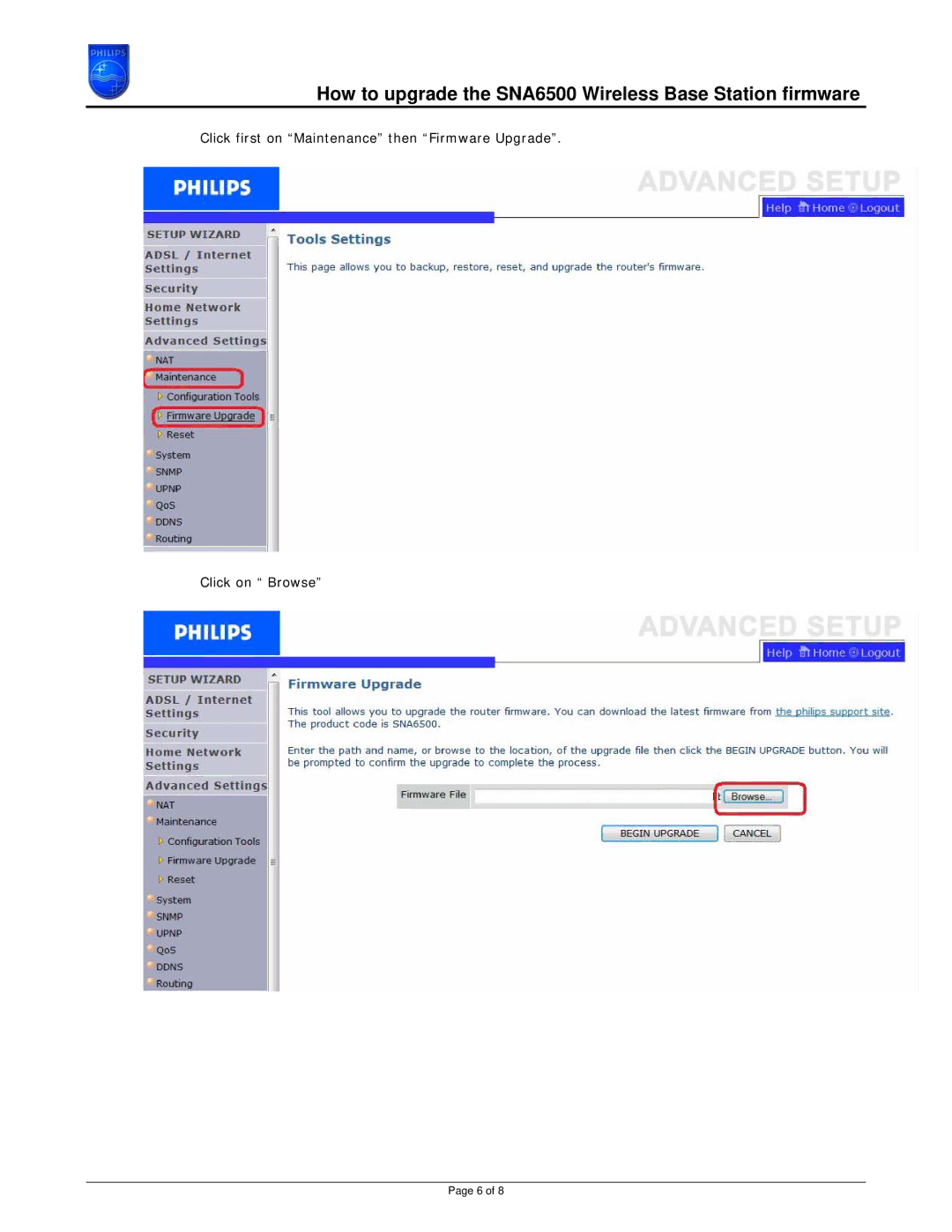 Philips CPWBS054 manual How to upgrade the SNA6500 Wireless Base Station firmware 