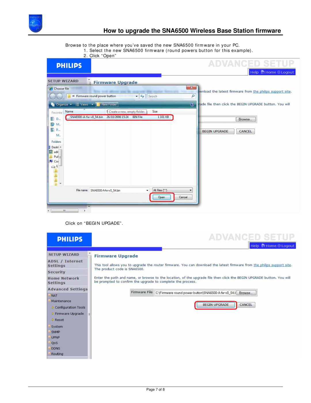 Philips CPWBS054 manual How to upgrade the SNA6500 Wireless Base Station firmware 