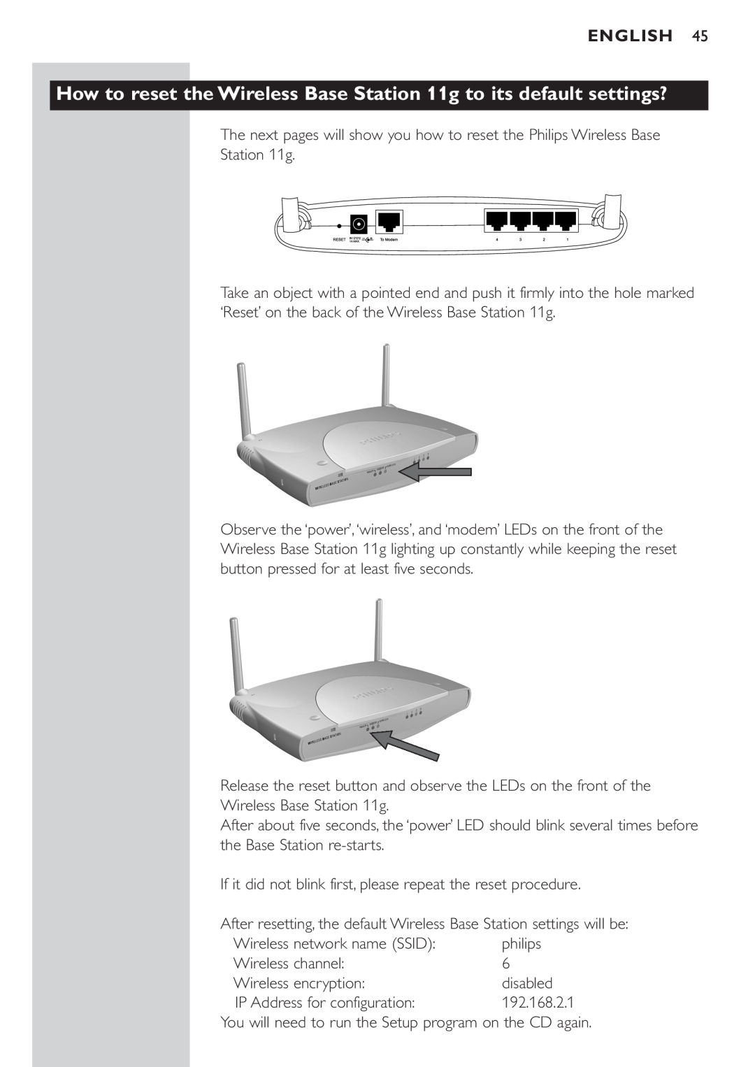Philips CPWBS054CPWBS054 manual How to reset the Wireless Base Station 11g to its default settings?, English 