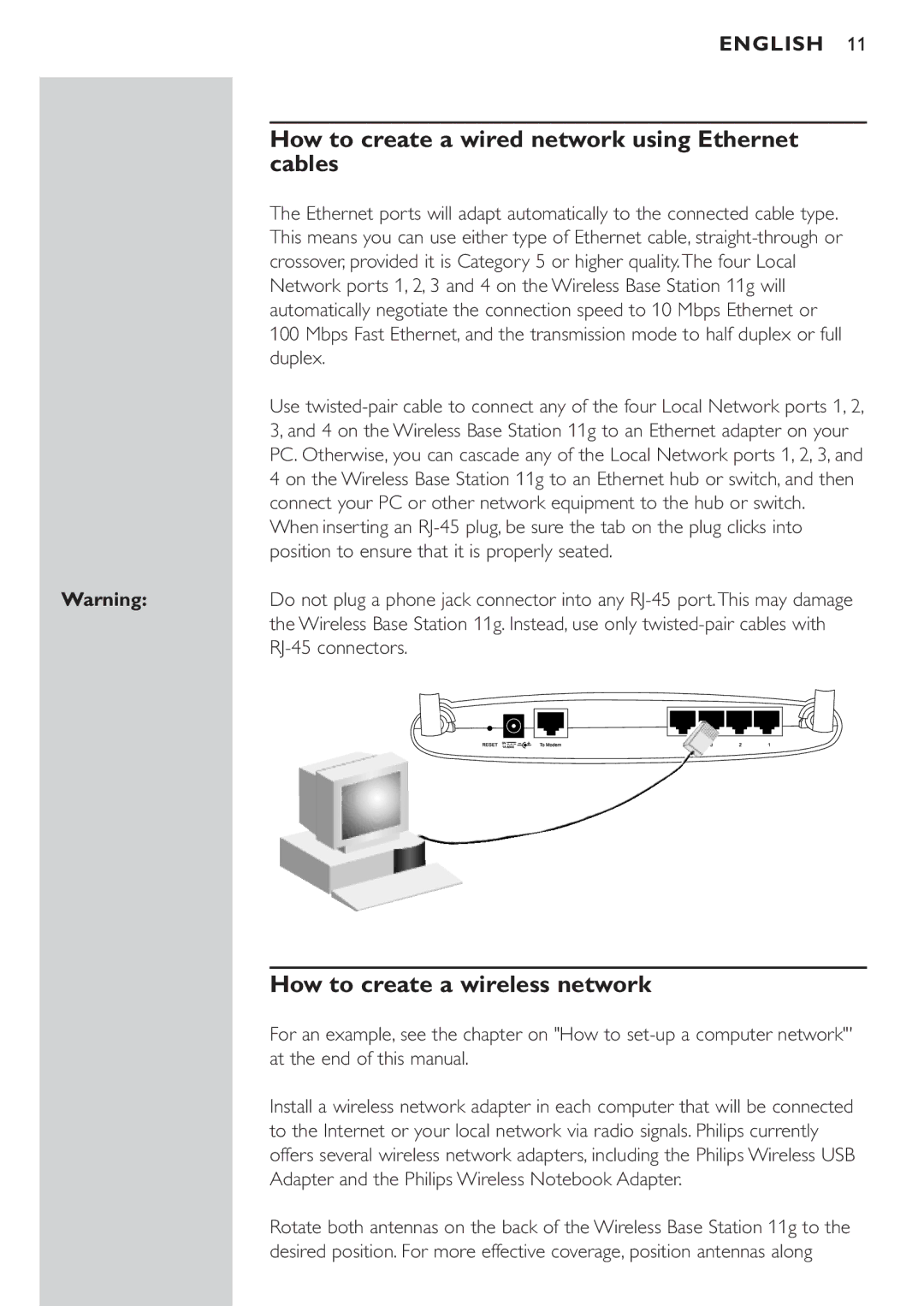 Philips CPWBS054CPWBS054 manual How to create a wired network using Ethernet cables, How to create a wireless network 