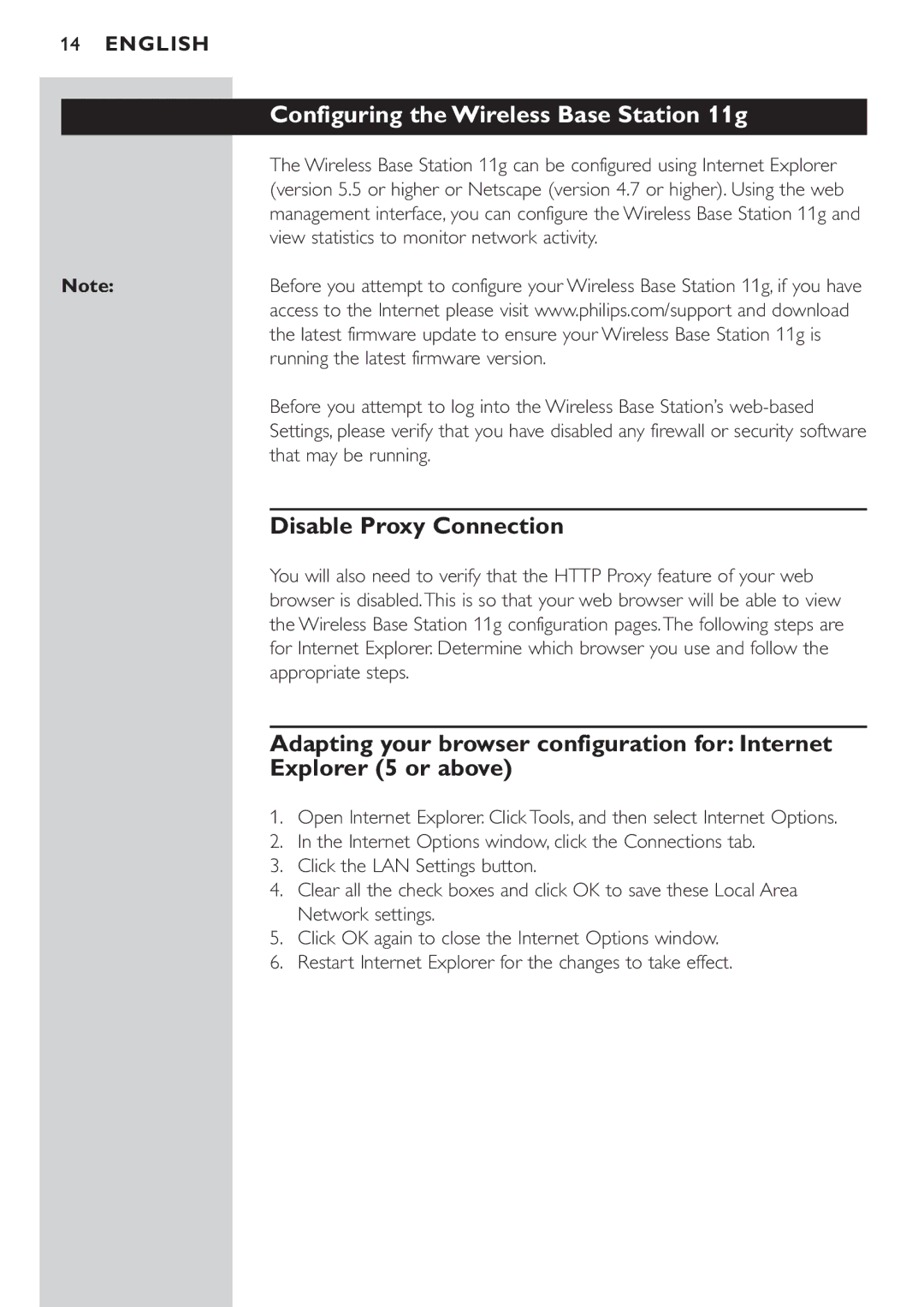 Philips CPWBS054CPWBS054 manual Configuring the Wireless Base Station 11g, Disable Proxy Connection, That may be running 