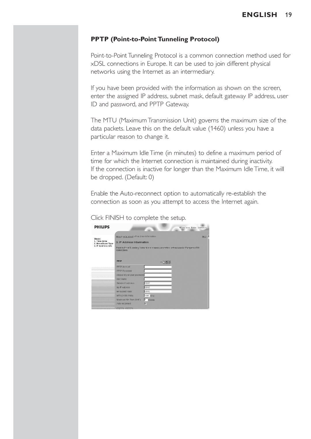 Philips CPWBS054CPWBS054 manual Pptp Point-to-Point Tunneling Protocol, Click Finish to complete the setup 