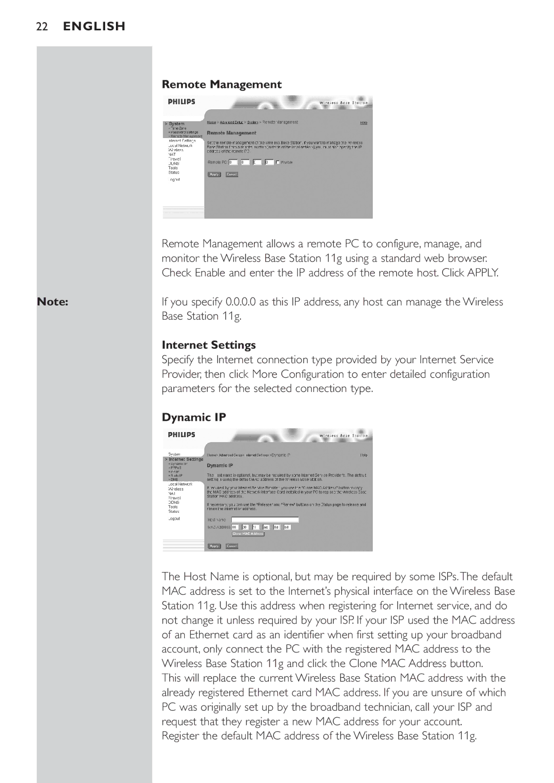 Philips CPWBS054CPWBS054 manual Remote Management, Base Station 11g, Internet Settings, Dynamic IP 