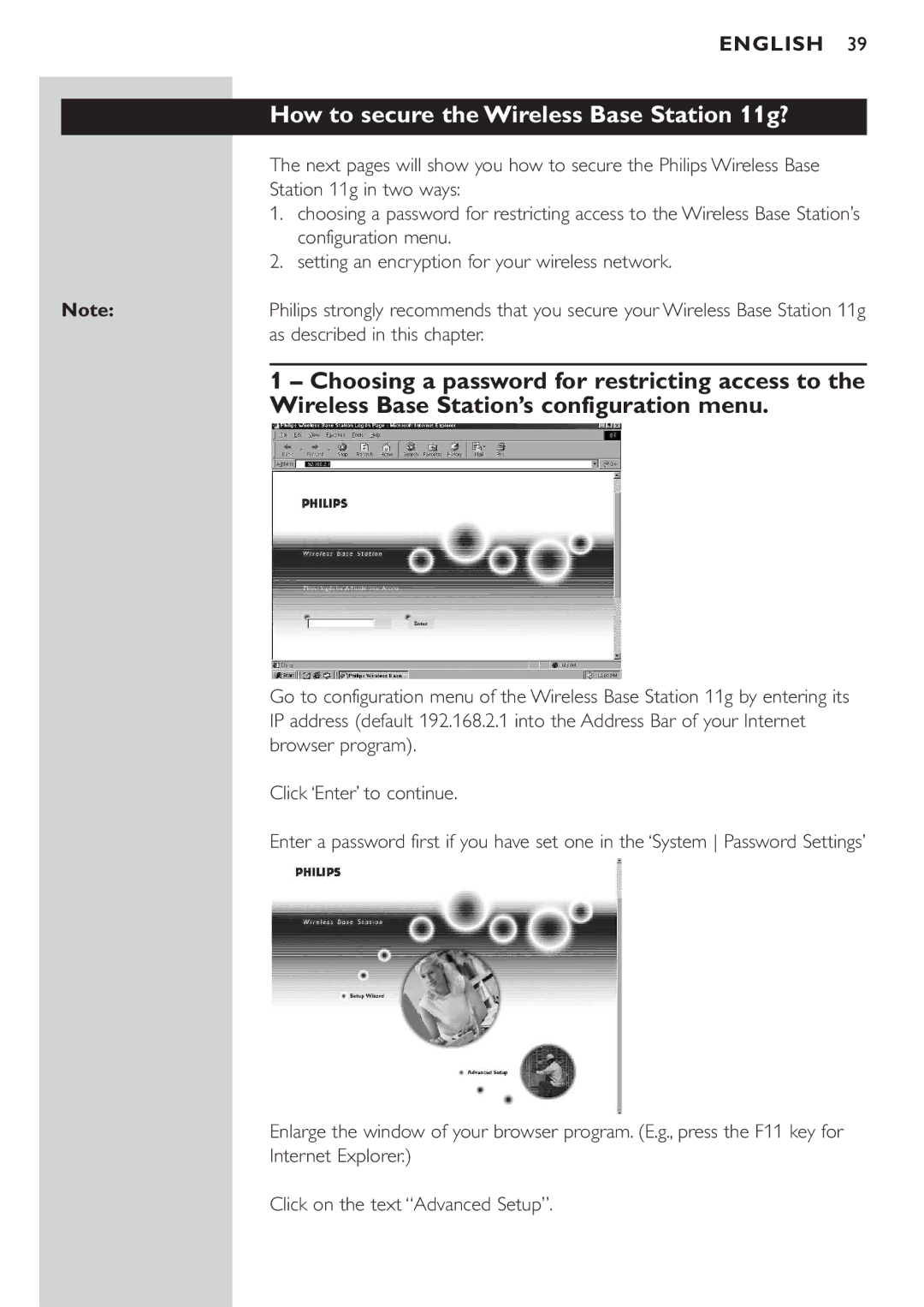 Philips CPWBS054CPWBS054 manual How to secure the Wireless Base Station 11g?, Wireless Base Station’s configuration menu 