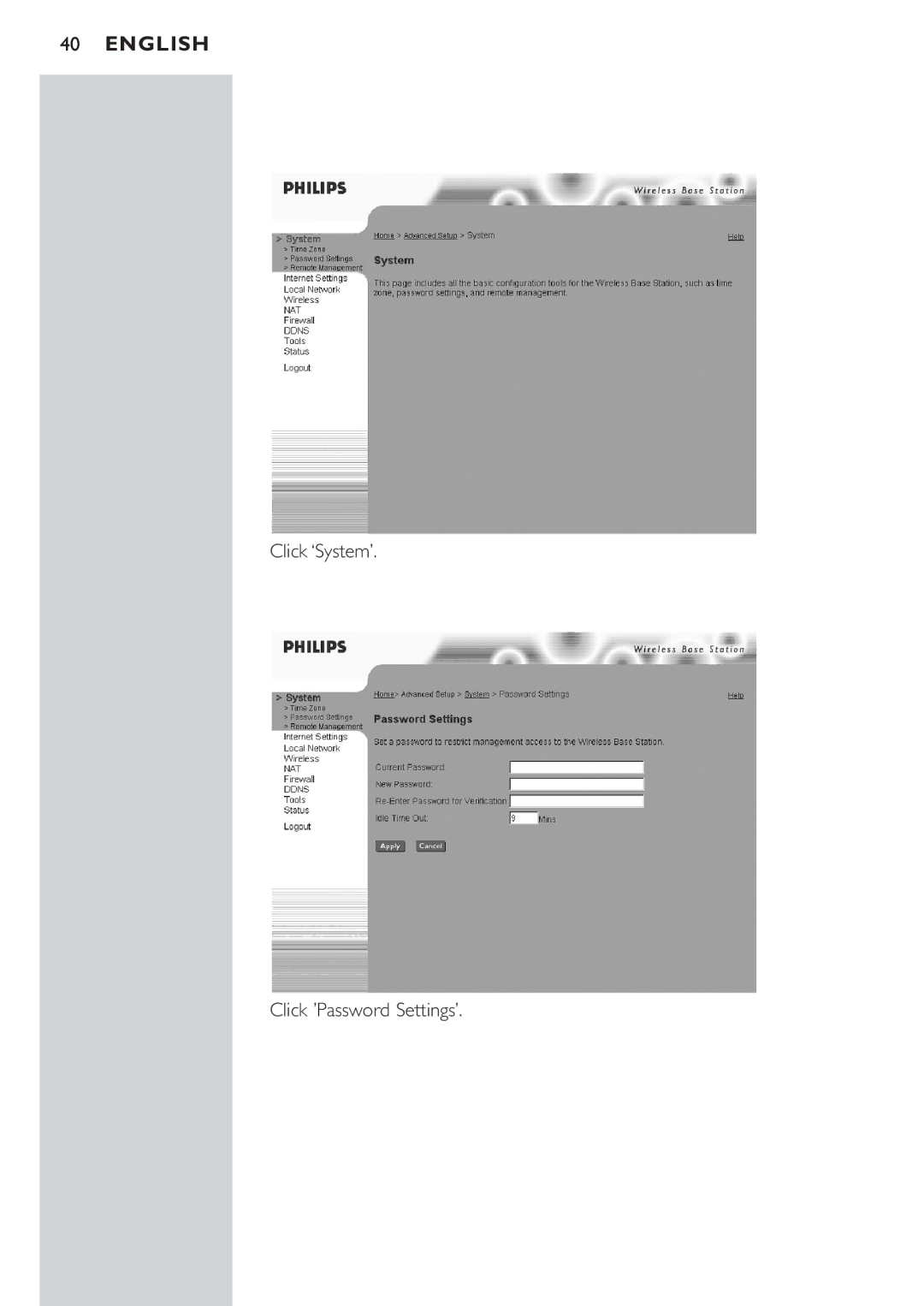 Philips CPWBS054CPWBS054 manual Click ‘System’ Click ’Password Settings’ 