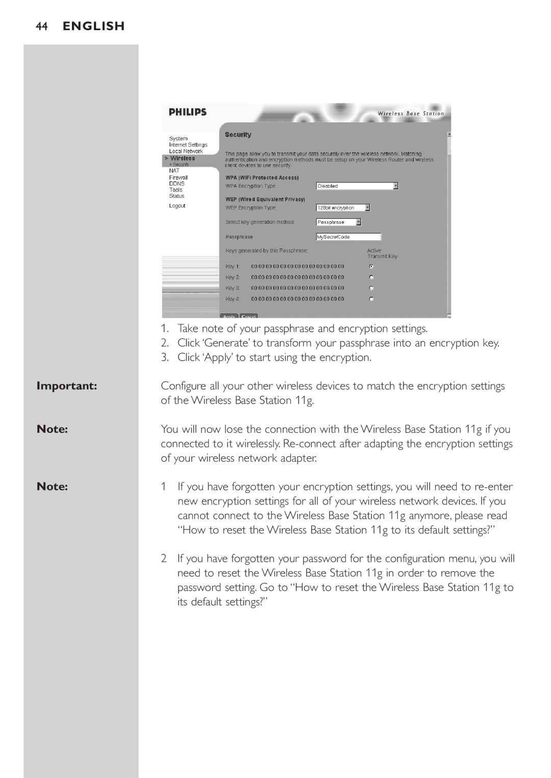 Philips CPWBS054CPWBS054 Take note of your passphrase and encryption settings, Click ‘Apply’ to start using the encryption 