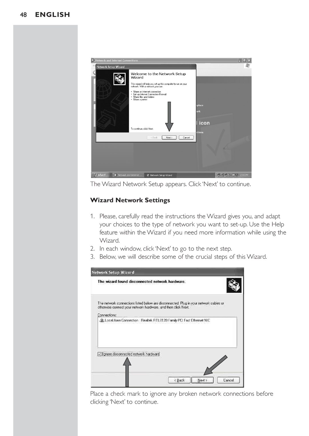 Philips CPWBS054CPWBS054 manual Wizard Network Setup appears. Click ‘Next’ to continue, Wizard Network Settings 