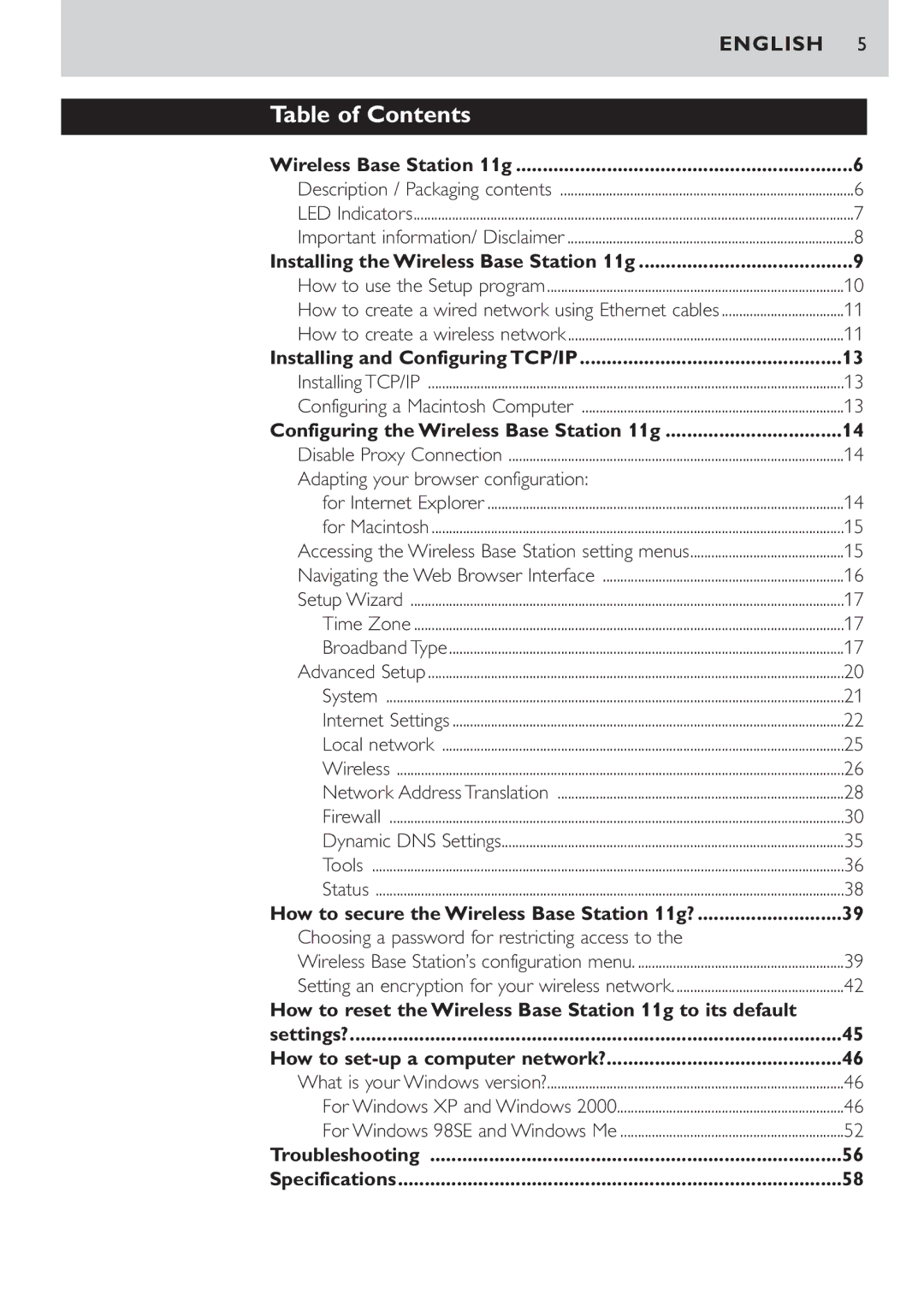 Philips CPWBS054CPWBS054 manual Table of Contents 