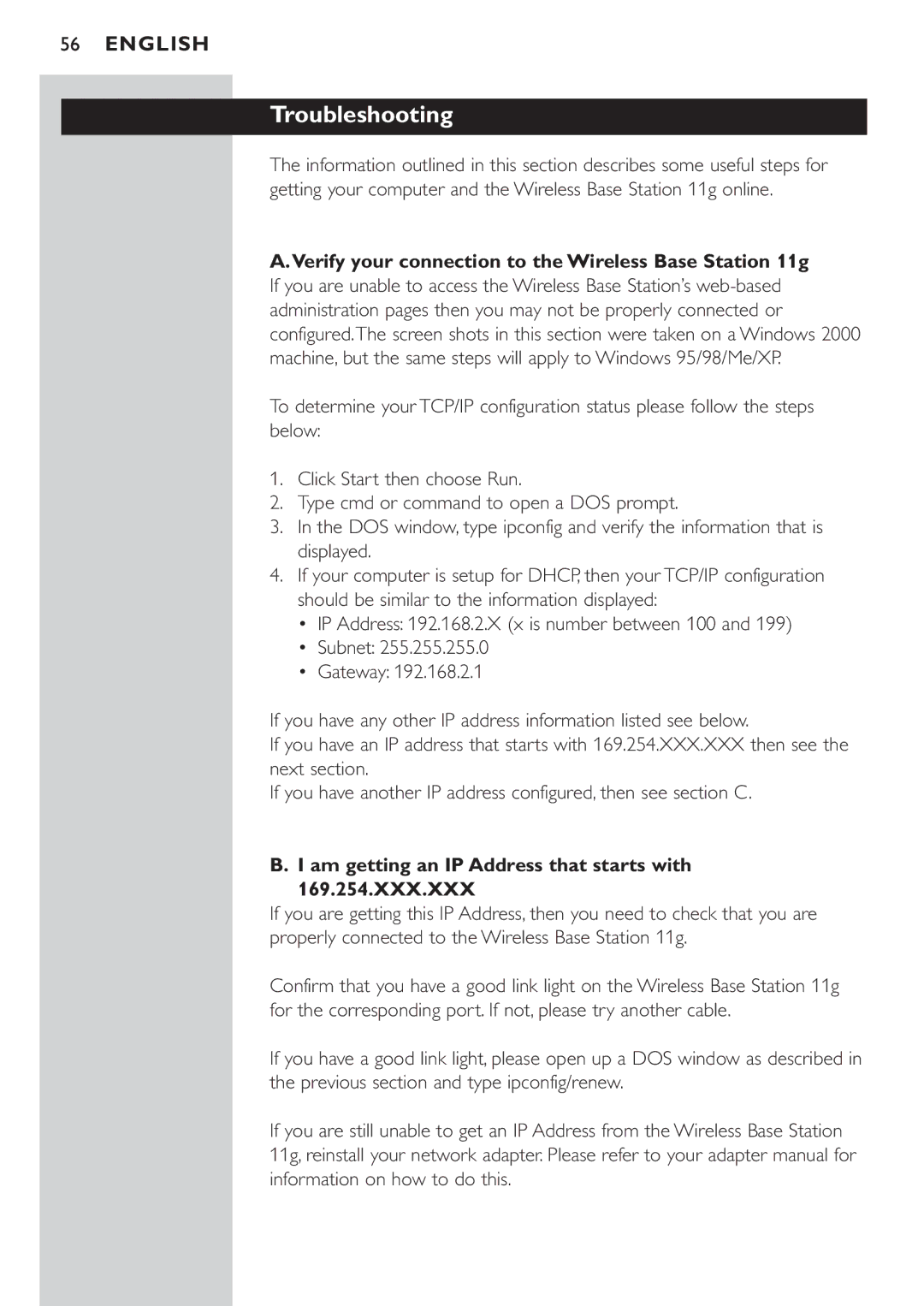 Philips CPWBS054CPWBS054 manual Troubleshooting, Verify your connection to the Wireless Base Station 11g 