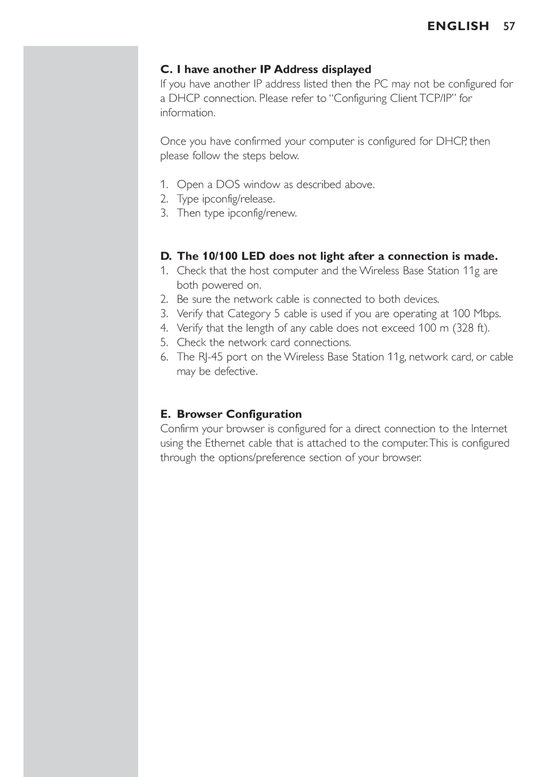 Philips CPWBS054CPWBS054 manual Have another IP Address displayed, 10/100 LED does not light after a connection is made 