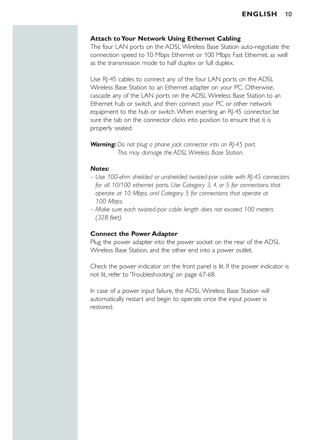 Philips CPWBS154 manual Attach to Your Network Using Ethernet Cabling, Connect the Power Adapter 