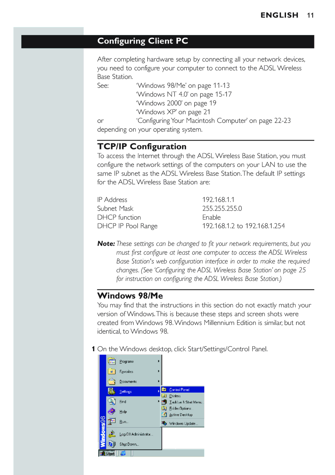 Philips CPWBS154 manual Configuring Client PC, TCP/IP Configuration, Windows 98/Me, Depending on your operating system 