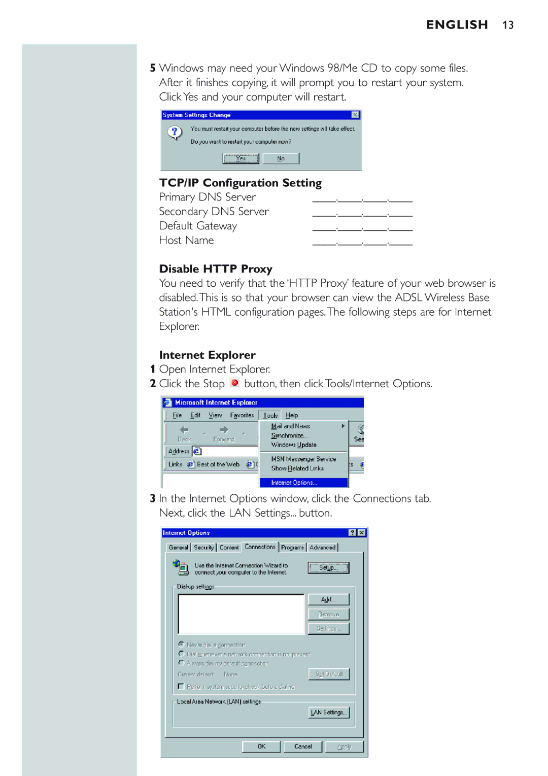 Philips CPWBS154 manual TCP/IP Configuration Setting, Disable Http Proxy, Internet Explorer 