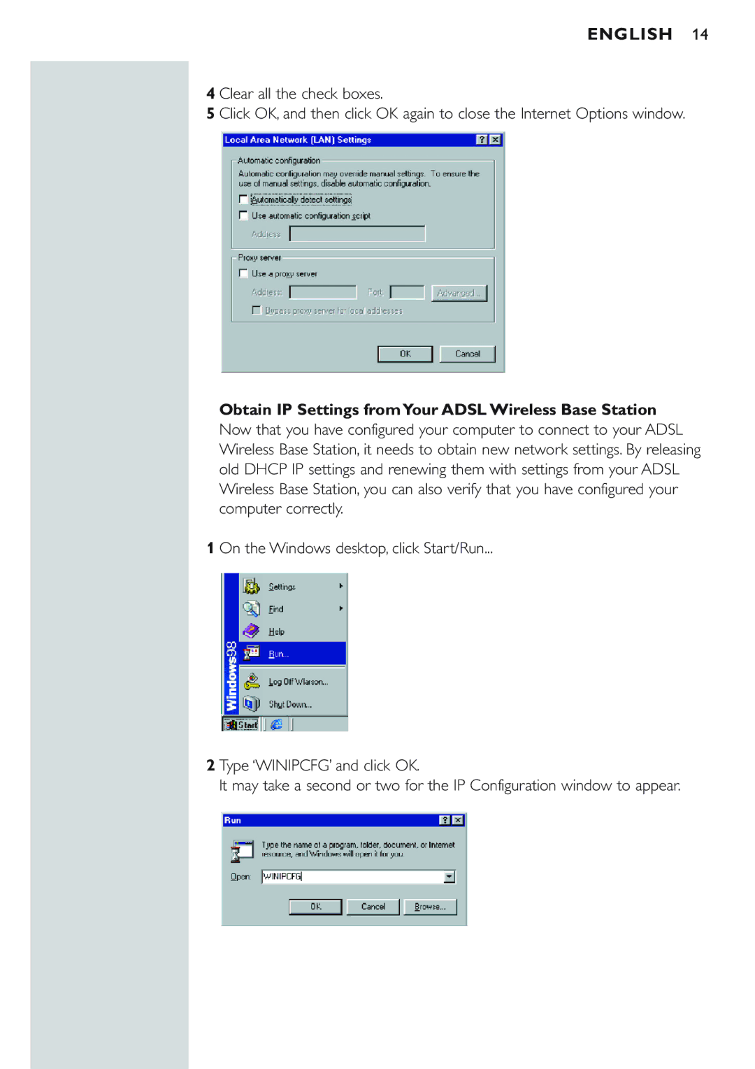 Philips CPWBS154 manual Obtain IP Settings from Your Adsl Wireless Base Station 