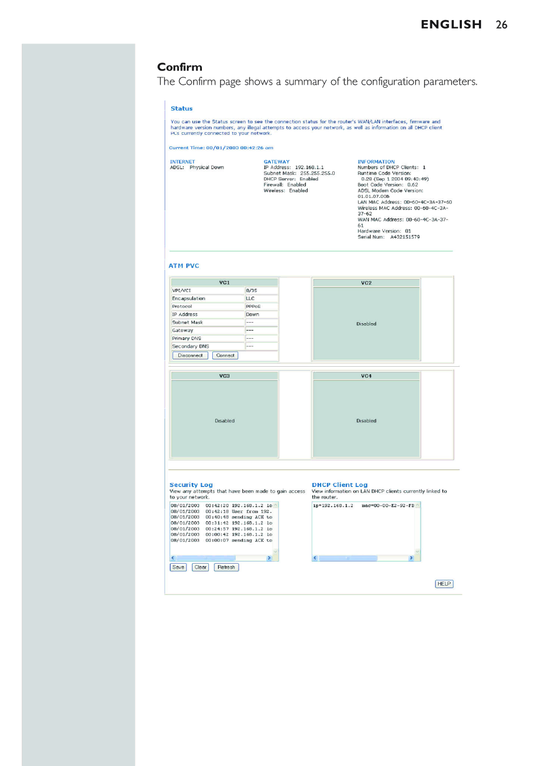 Philips CPWBS154 manual Confirm page shows a summary of the configuration parameters 