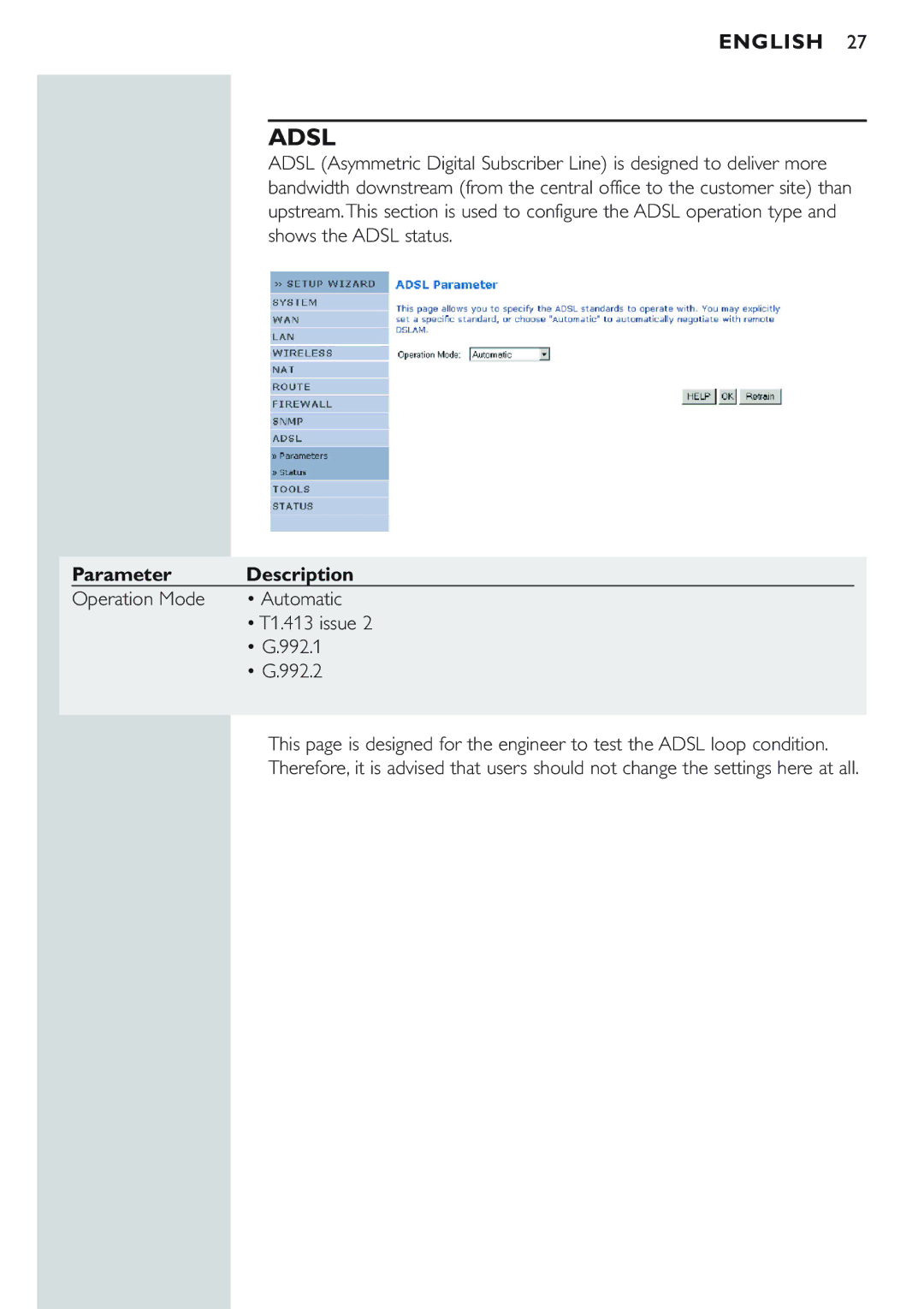 Philips CPWBS154 manual Parameter Description, Operation Mode Automatic T1.413 issue 992.1 992.2 