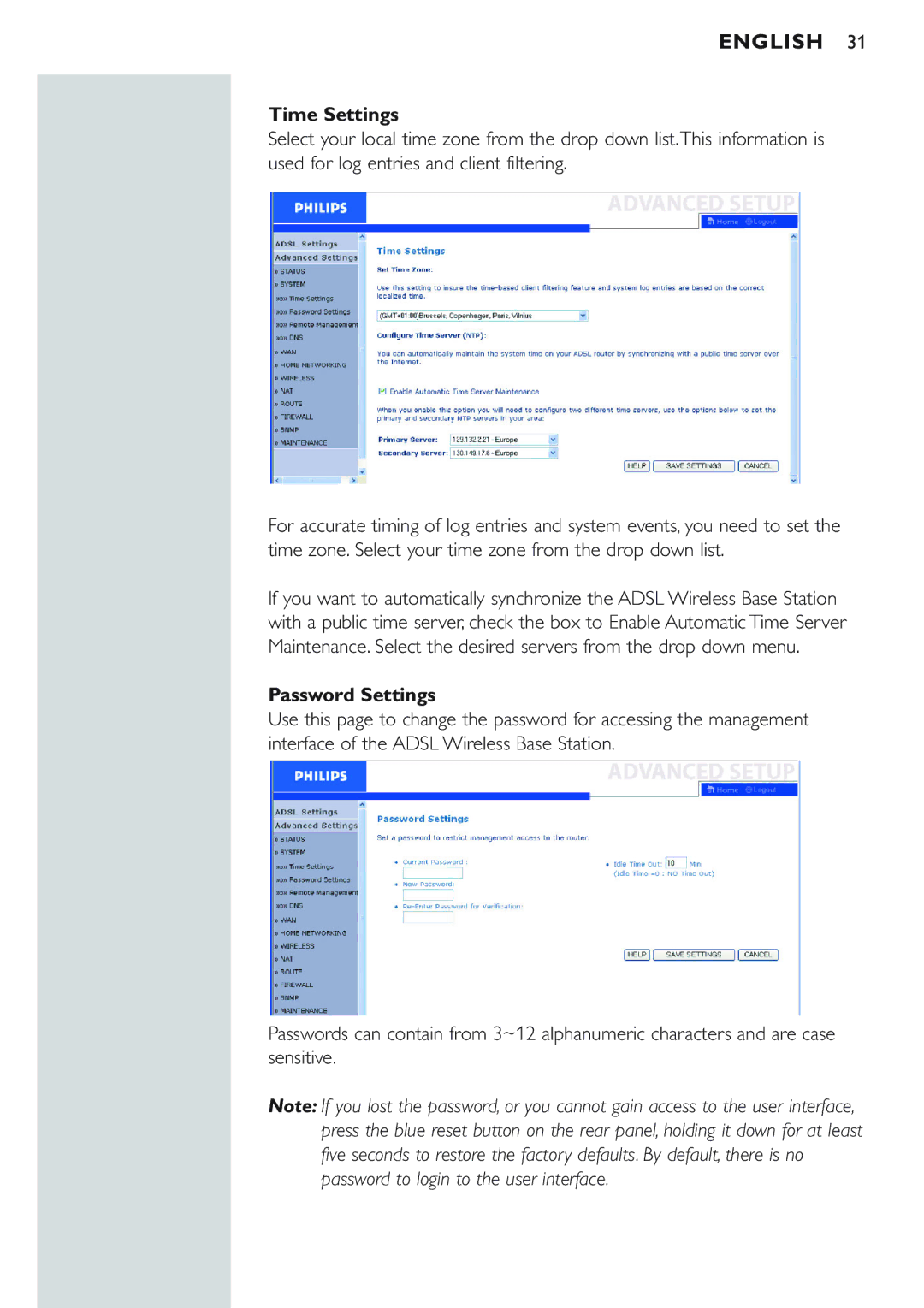 Philips CPWBS154 manual Time Settings, Password Settings 