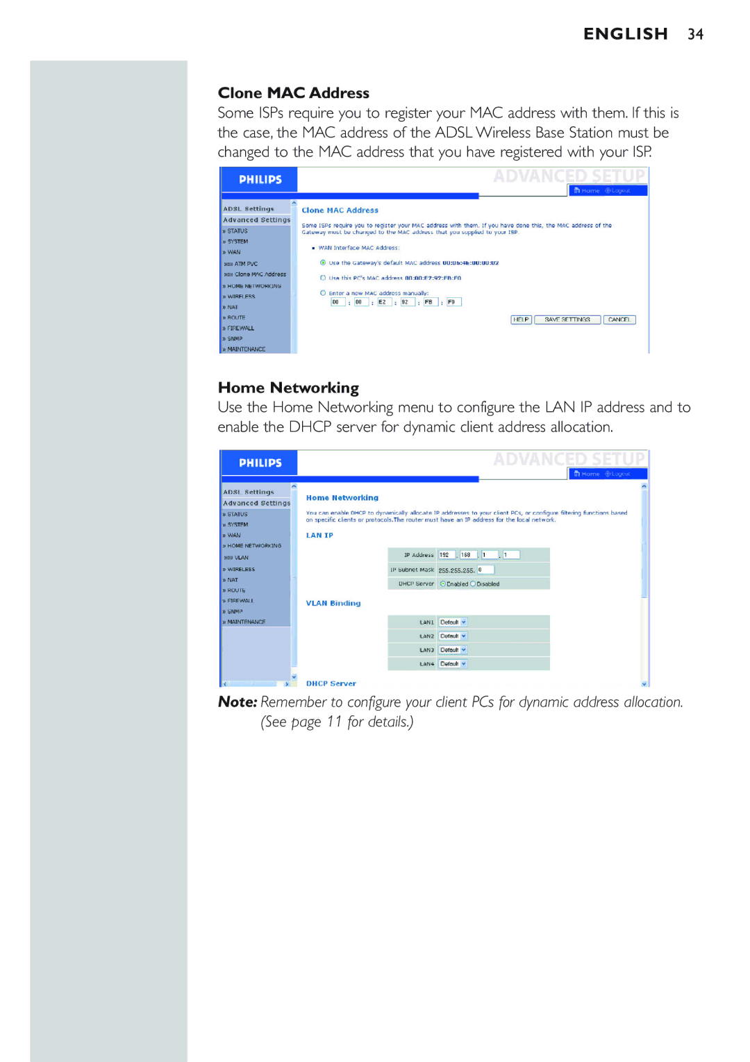 Philips CPWBS154 manual Clone MAC Address, Home Networking 