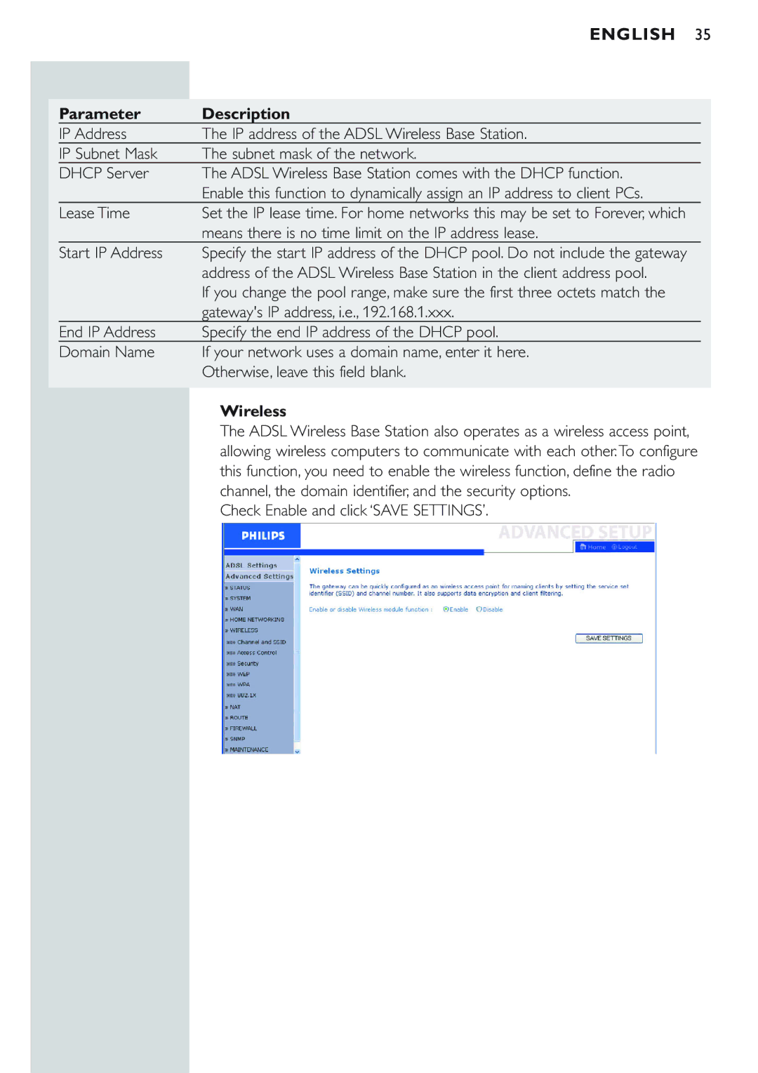 Philips CPWBS154 manual Lease Time, Wireless, Channel, the domain identifier, and the security options 