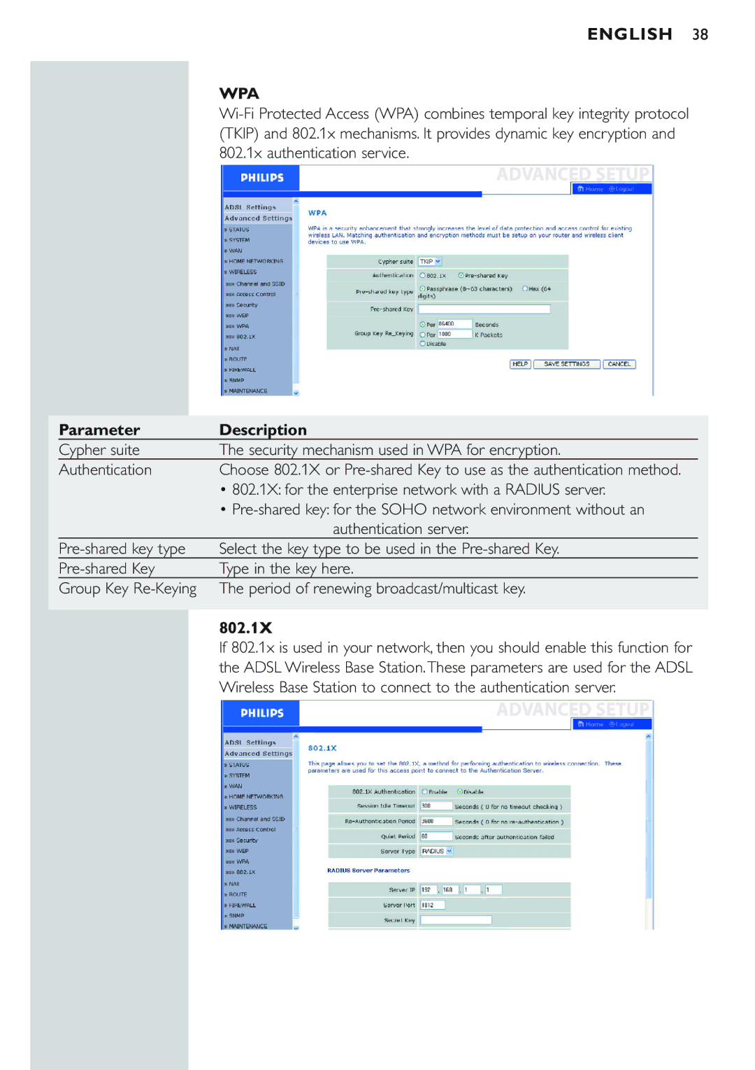 Philips CPWBS154 manual Wpa, 802.1X for the enterprise network with a Radius server 