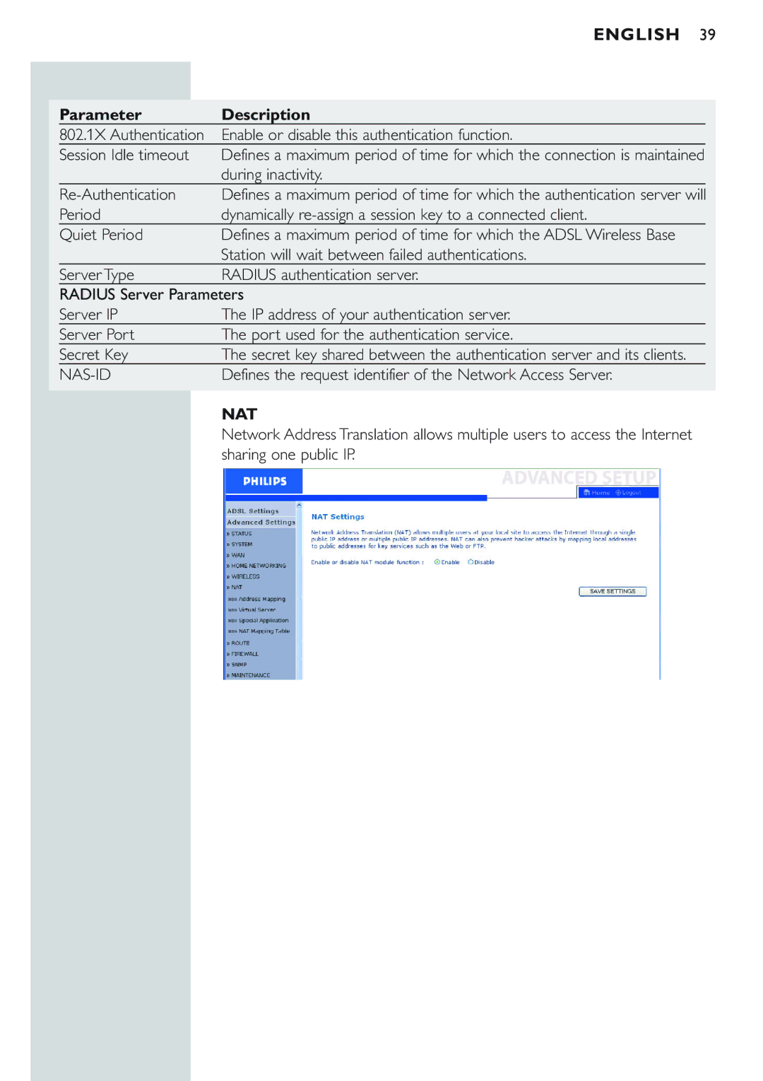 Philips CPWBS154 During inactivity Re-Authentication, Defines the request identifier of the Network Access Server, Nat 