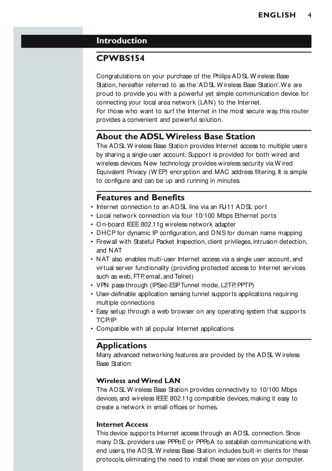 Philips CPWBS154 manual Introduction, About the Adsl Wireless Base Station, Features and Benefits, Applications 