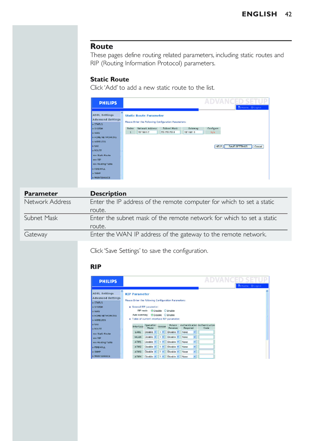 Philips CPWBS154 manual Static Route, Rip 