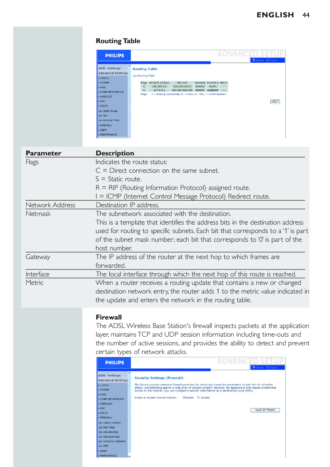 Philips CPWBS154 Routing Table Parameter Description, Metric, Update and enters the network in the routing table, Firewall 