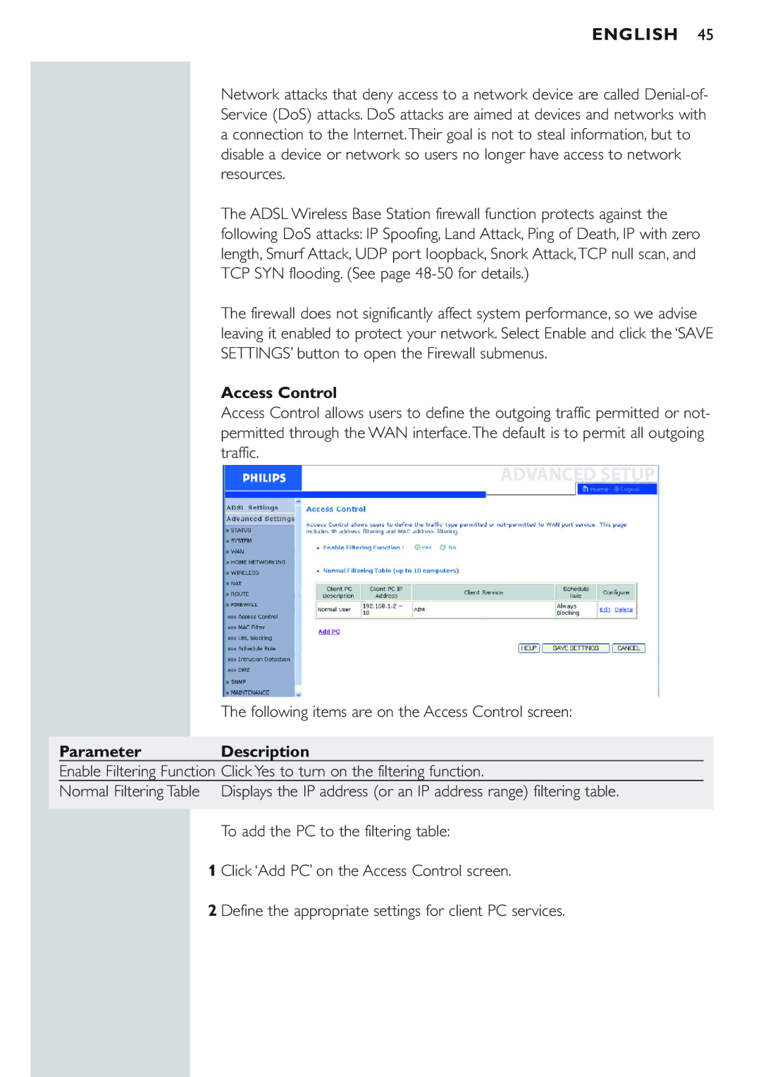 Philips CPWBS154 manual Access Control, Parameter Description 