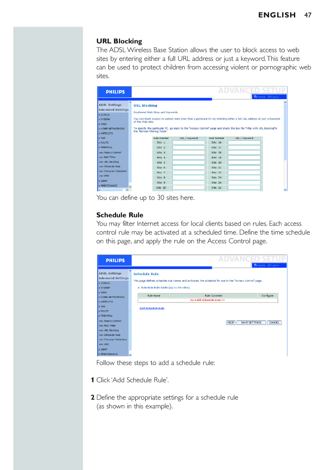 Philips CPWBS154 manual URL Blocking, Schedule Rule 