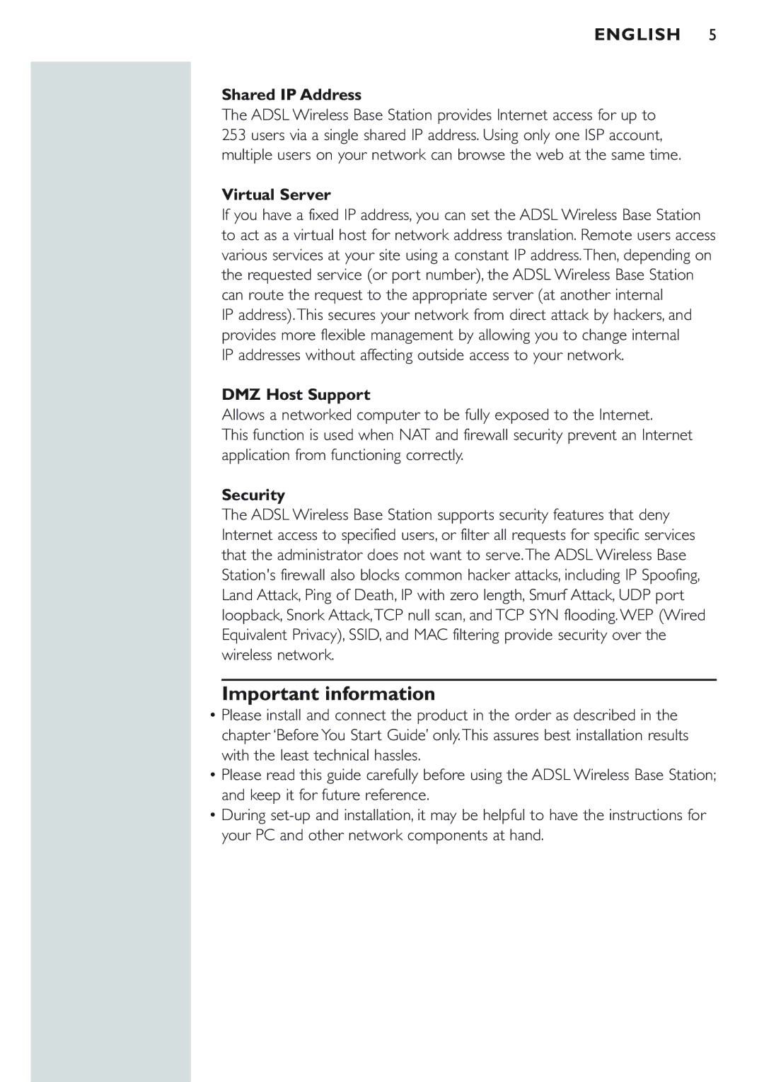 Philips CPWBS154 manual Important information, Shared IP Address, Virtual Server, DMZ Host Support, Security 