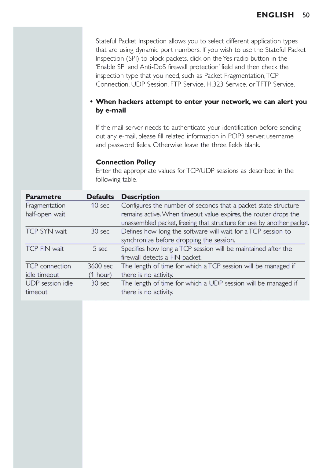 Philips CPWBS154 manual Connection Policy, Parametre Defaults Description 