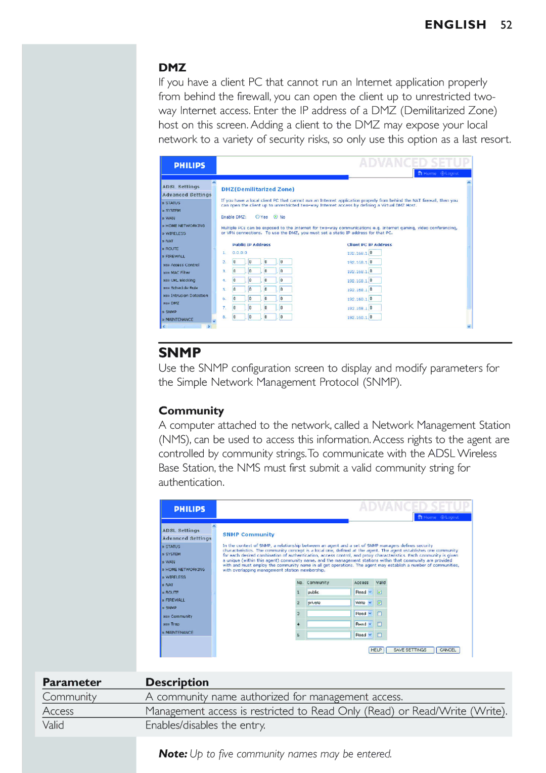 Philips CPWBS154 manual Dmz, Community, Valid Enables/disables the entry 