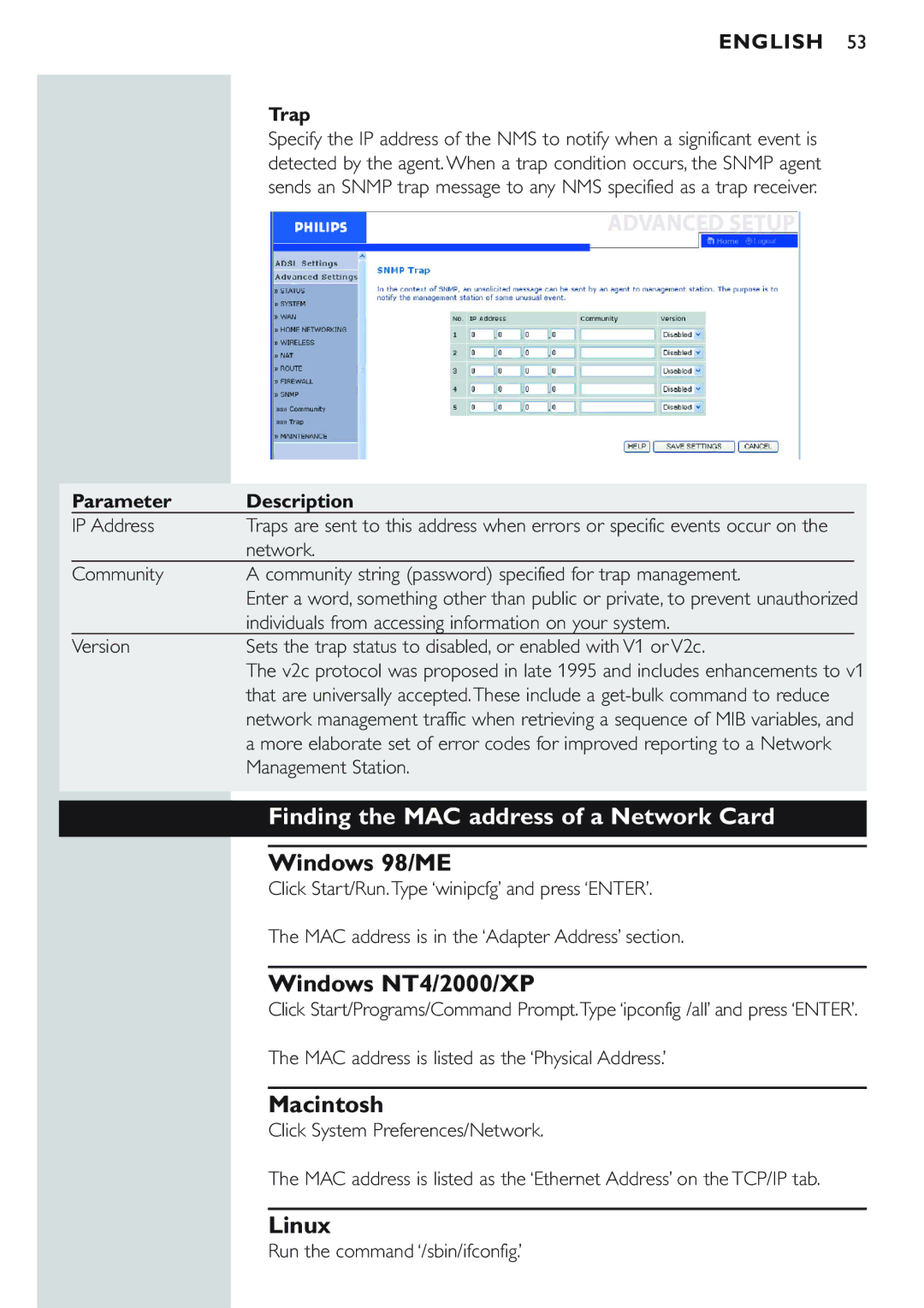 Philips CPWBS154 manual Finding the MAC address of a Network Card, Windows NT4/2000/XP, Macintosh, Linux, Trap 