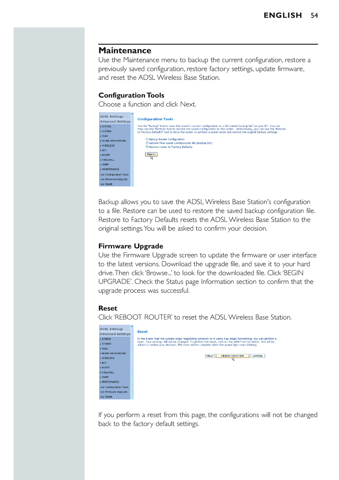 Philips CPWBS154 manual Maintenance, Configuration Tools, Choose a function and click Next, Firmware Upgrade, Reset 