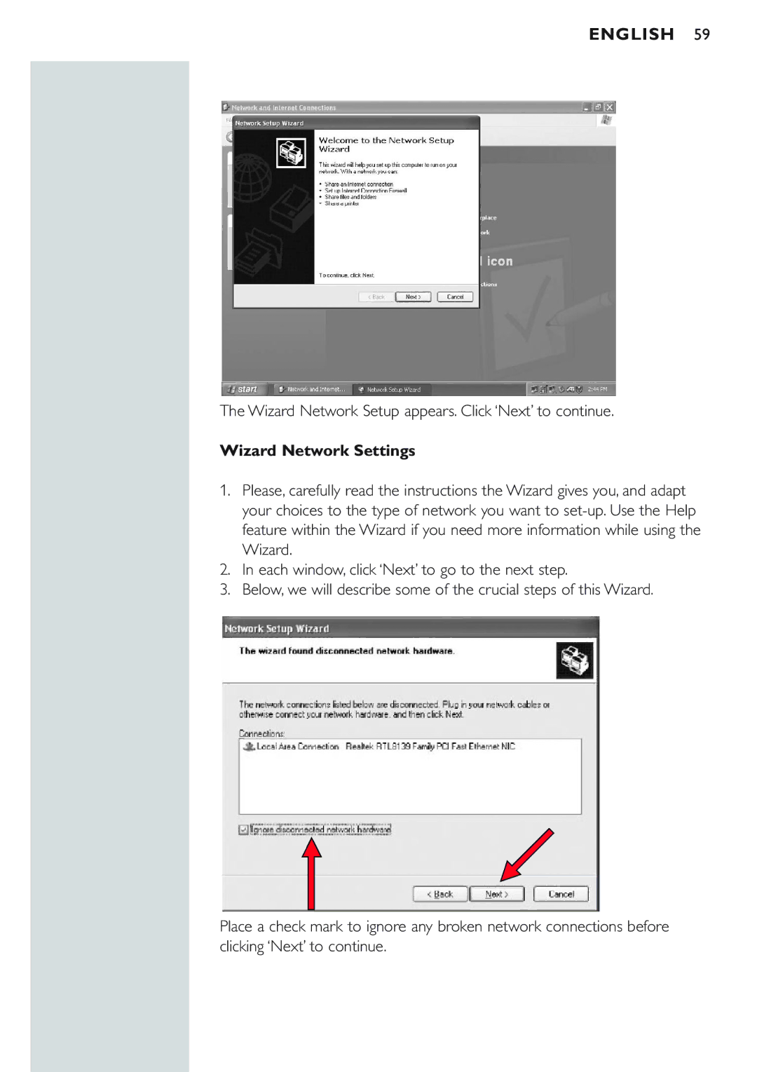 Philips CPWBS154 manual Wizard Network Setup appears. Click ‘Next’ to continue, Wizard Network Settings 