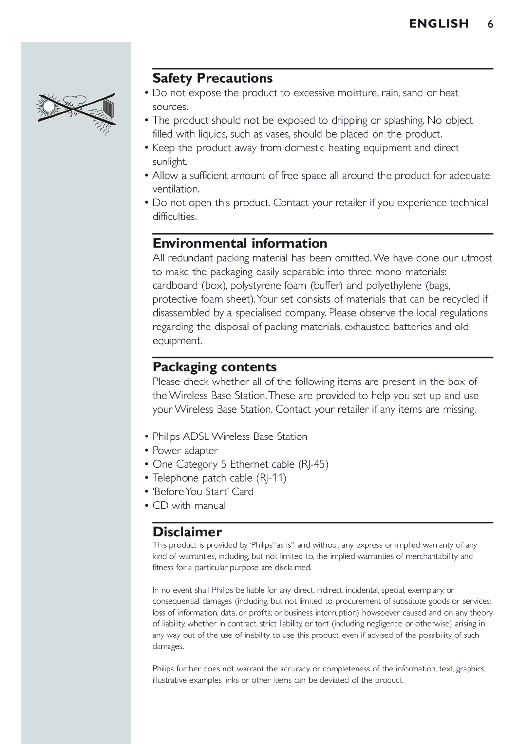 Philips CPWBS154 manual Safety Precautions, Environmental information, Packaging contents, Disclaimer 