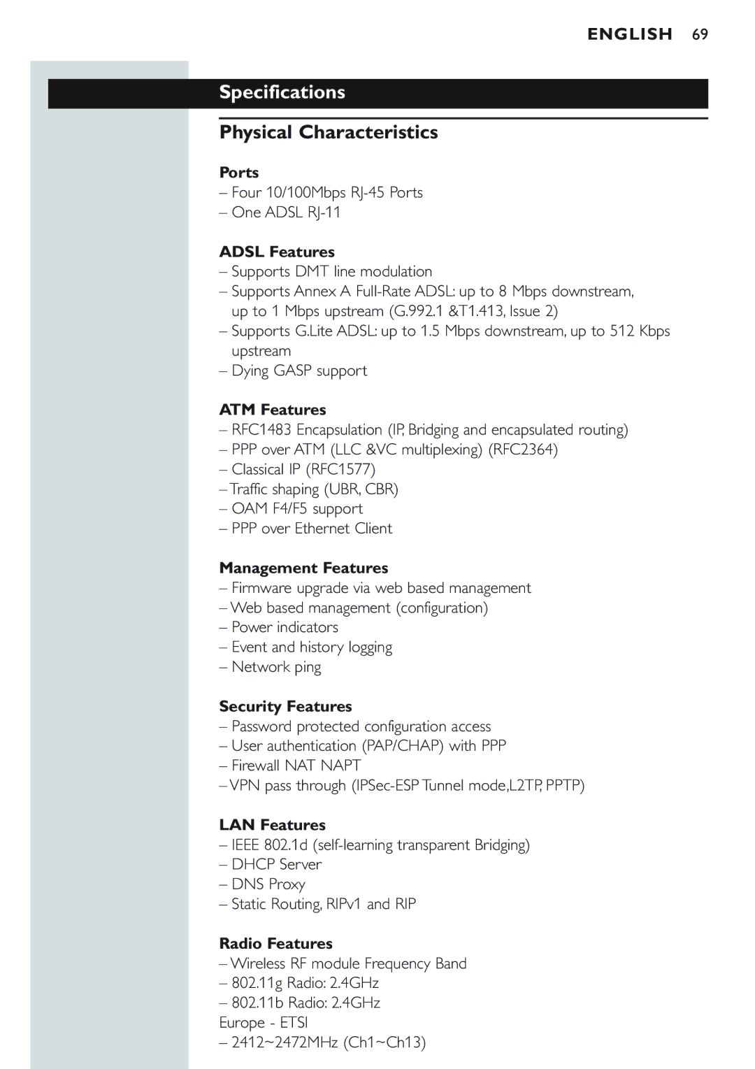 Philips CPWBS154 manual Specifications, Physical Characteristics 