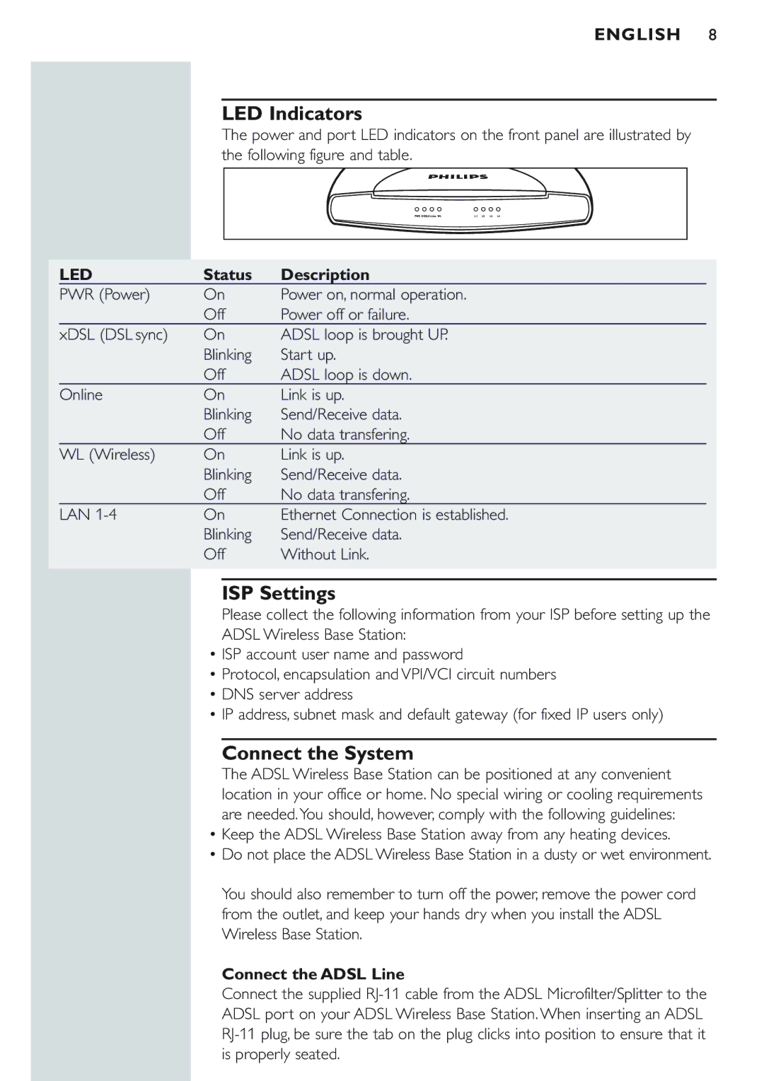 Philips CPWBS154 manual LED Indicators, ISP Settings, Connect the System, Led 