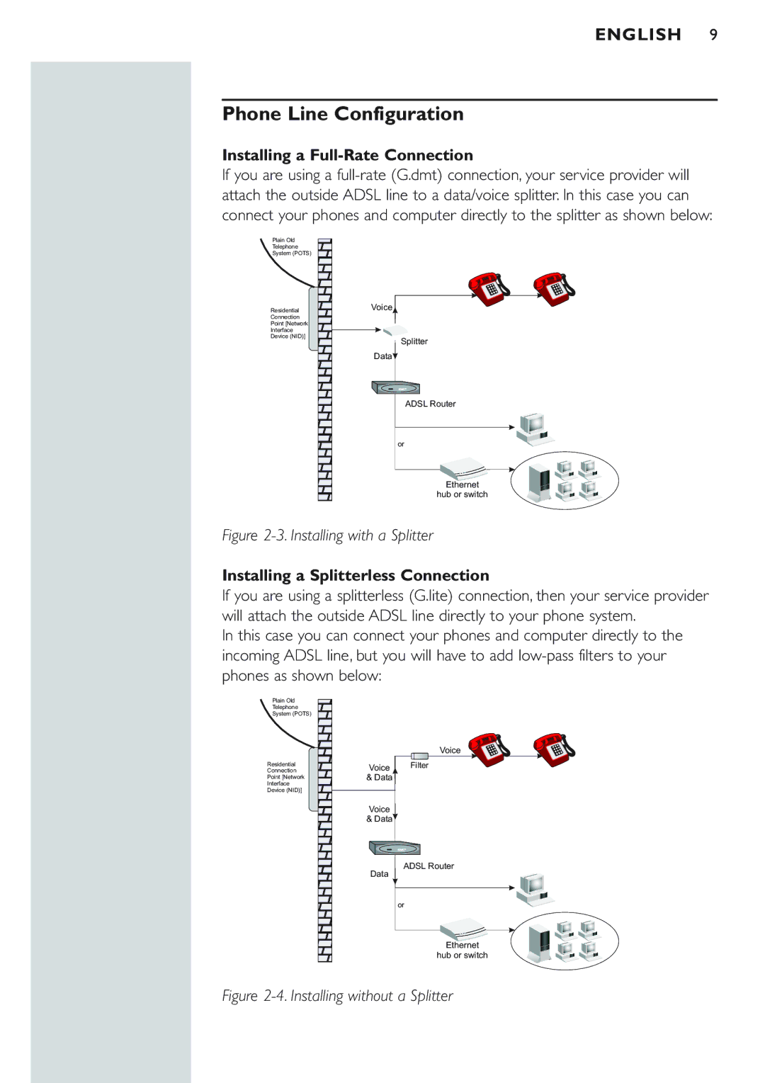 Philips CPWBS154 manual Phone Line Configuration, Installing a Full-Rate Connection, Installing a Splitterless Connection 