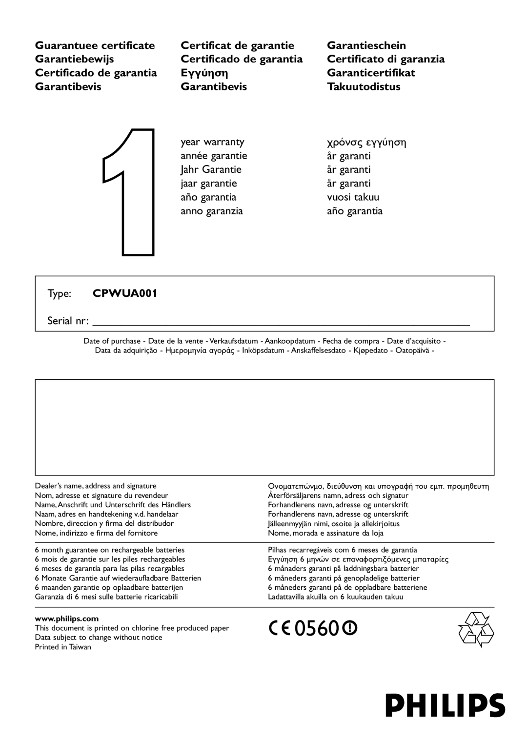 Philips CPWUA001 manual 0560, Serial nr, Inköpsdatum - Anskaffelsesdato - Kjøpedato - Oatopäivä 