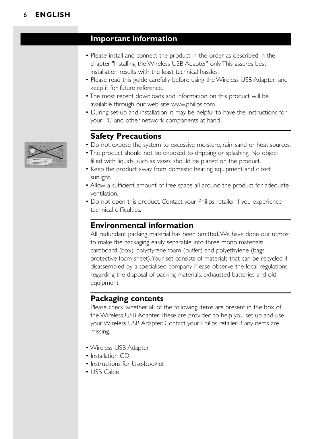 Philips CPWUA001 manual Important information, Safety Precautions, Environmental information, Packaging contents, English 