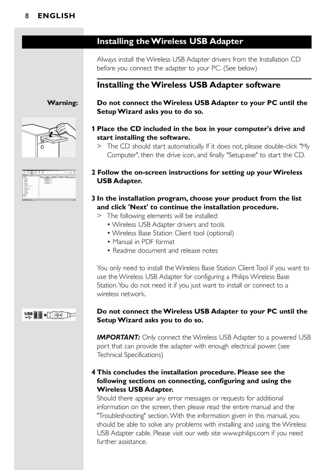 Philips CPWUA001 manual Installing the Wireless USB Adapter software, English 