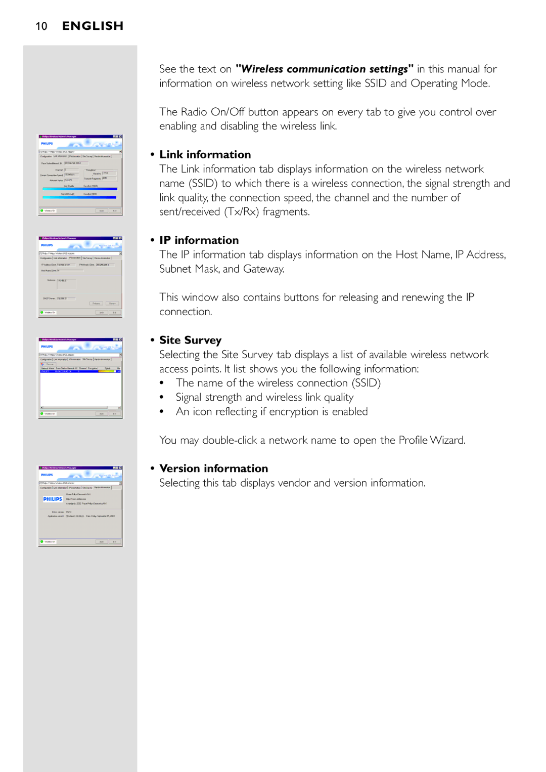 Philips CPWUA001 manual Link information, IP information, Site Survey, Version information 