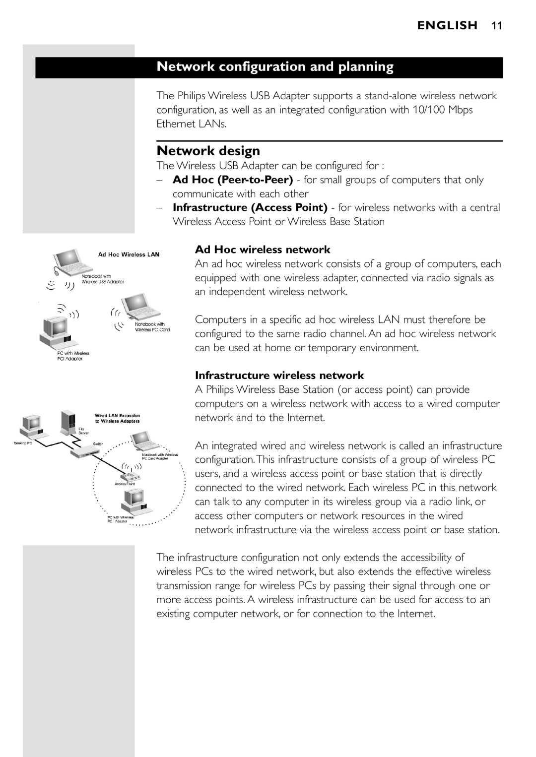 Philips CPWUA001 manual Network configuration and planning, Network design, Ad Hoc wireless network 