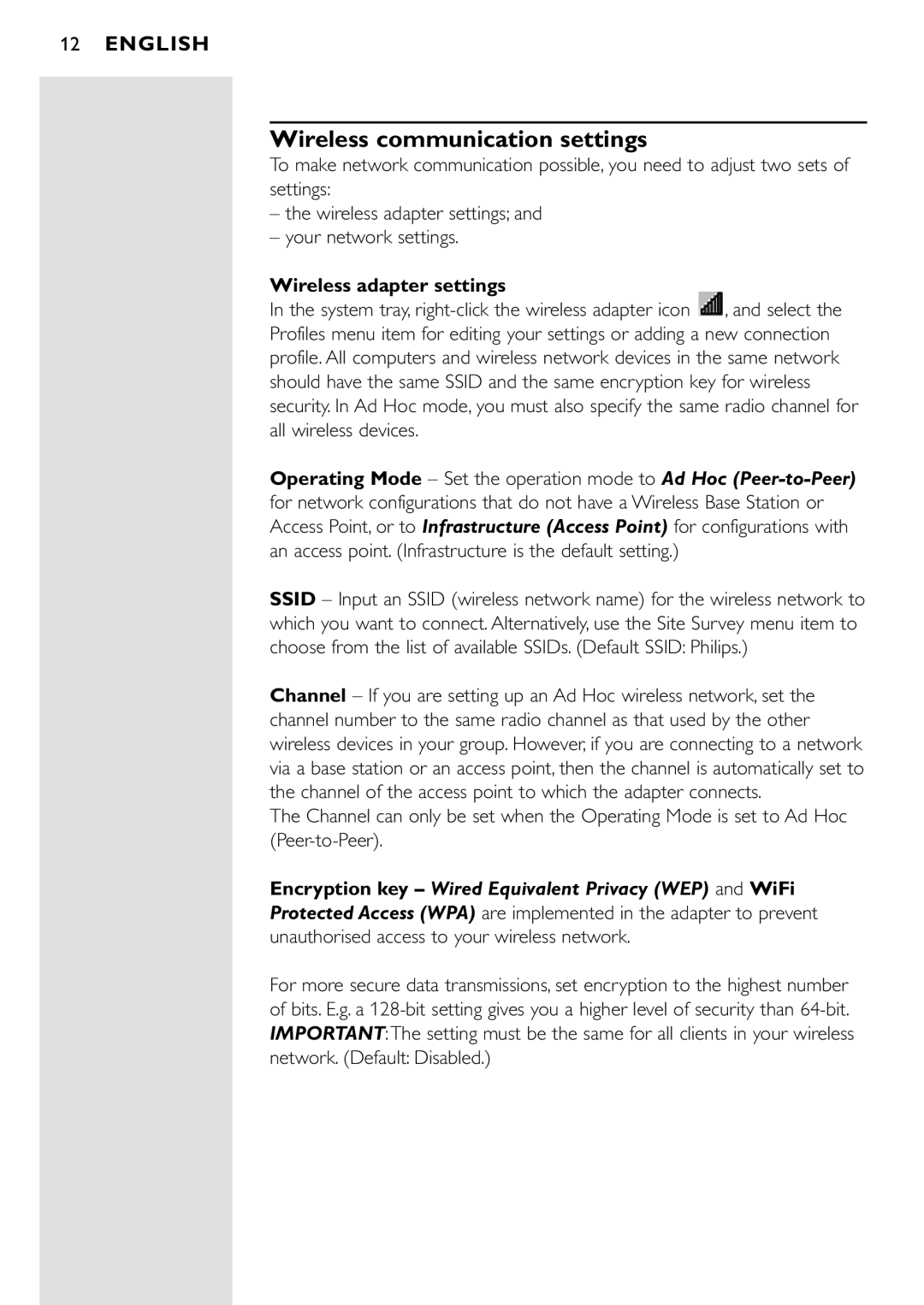 Philips CPWUA001 manual Wireless communication settings, Wireless adapter settings 