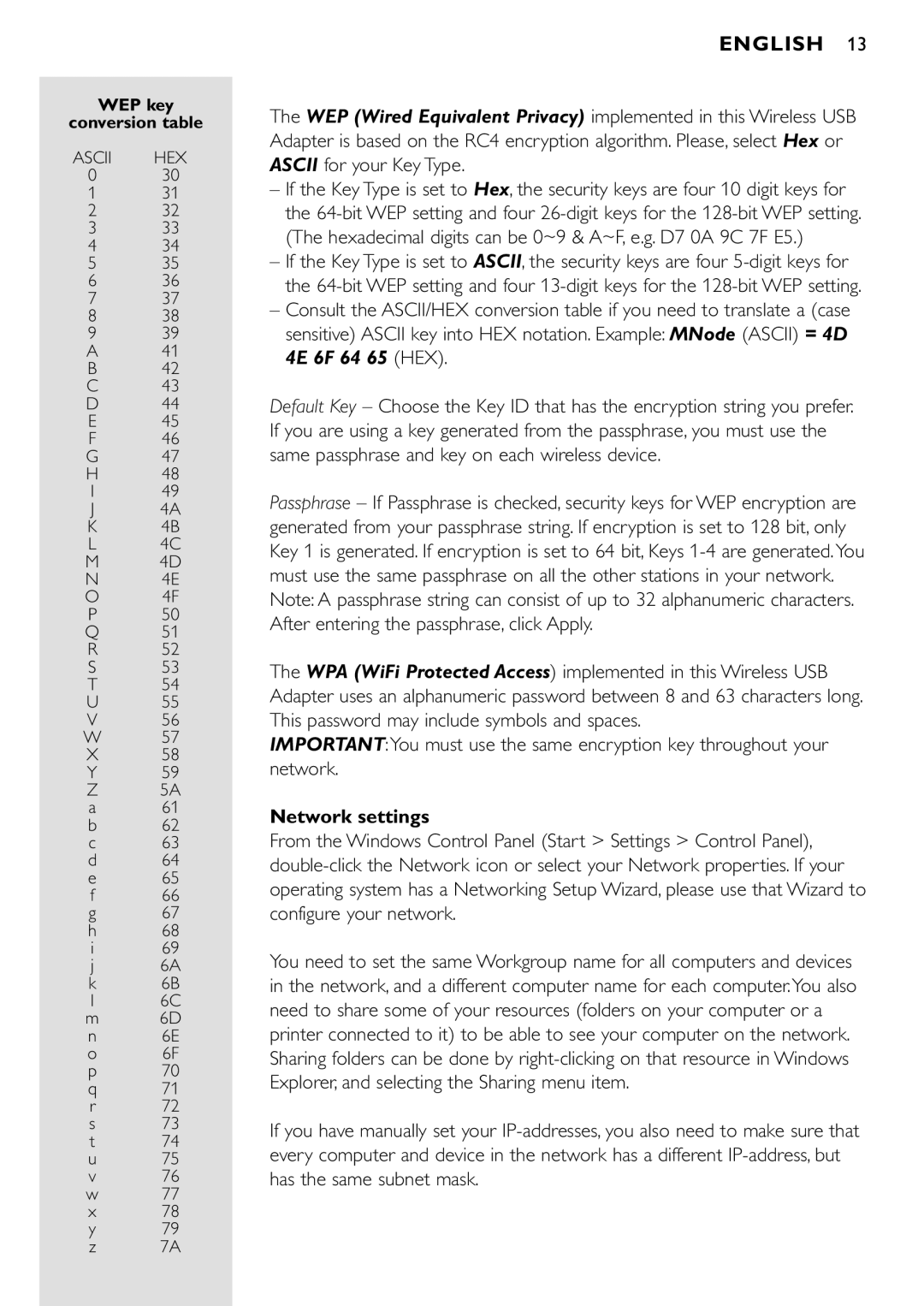 Philips CPWUA001 manual Network settings 