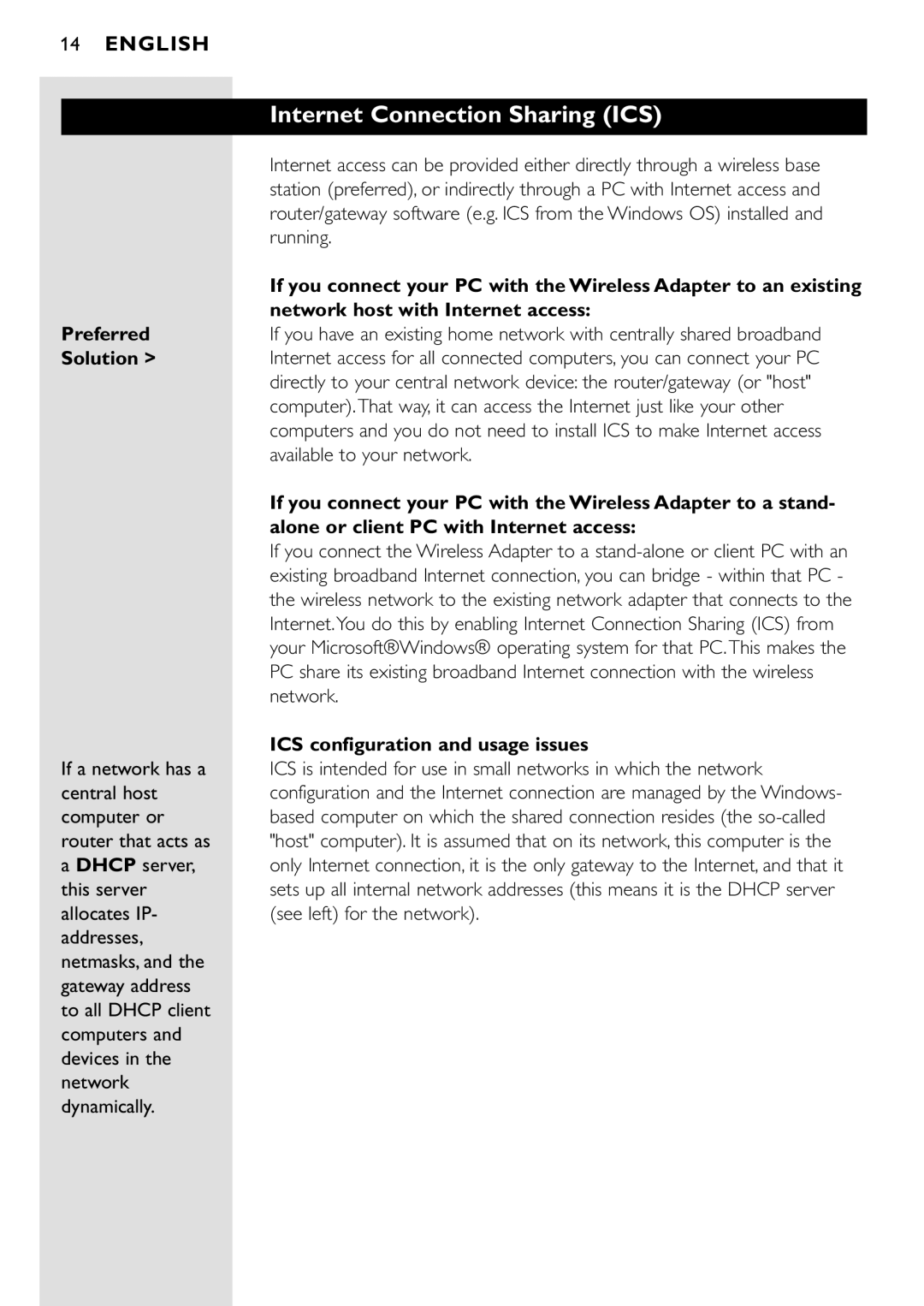 Philips CPWUA001 manual Internet Connection Sharing ICS 