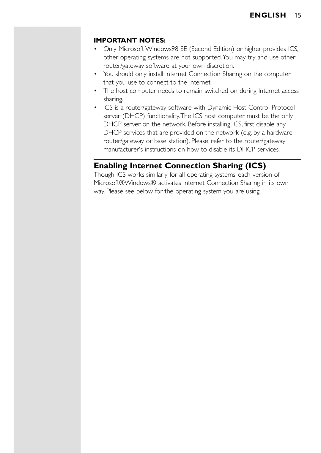 Philips CPWUA001 manual Enabling Internet Connection Sharing ICS, Important Notes 