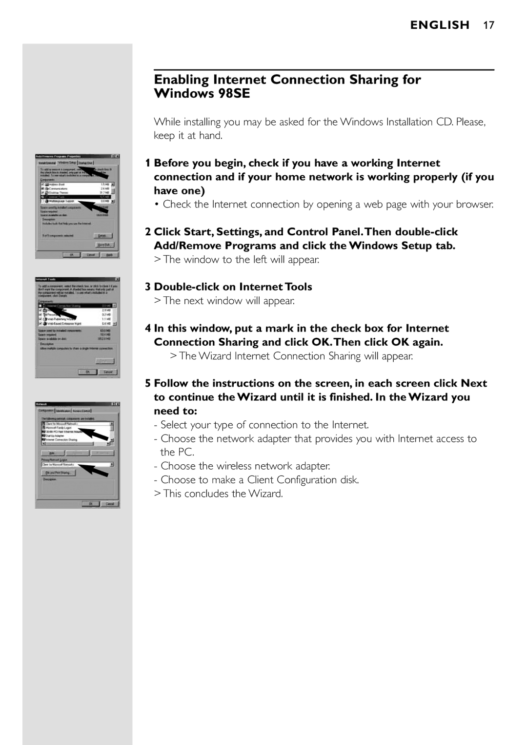 Philips CPWUA001 manual Enabling Internet Connection Sharing for Windows 98SE, Double-click on Internet Tools 